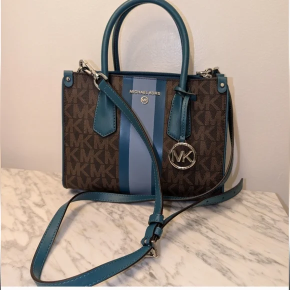 Michael Kors Brown Satchel with Teal and Light Blue Trim - Picture 1 of 13